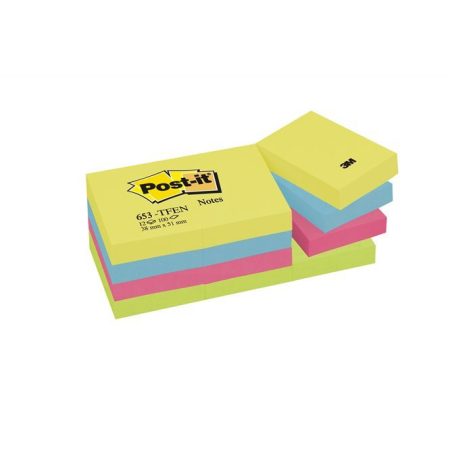 3M POSTIT Öntapadó jegyzettömb, 38x51 mm, 12x100 lap, 3M POSTIT "Energetic", vegyes színek