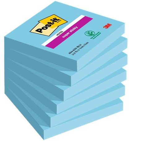 3M POSTIT Öntapadó jegyzettömb, 76x76 mm, 6x90 lap, 3M POSTIT "Super Sticky", kék
