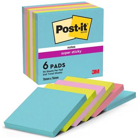 3M POSTIT Öntapadó jegyzettömb, 76x76 mm, 6x90 lap, 3M POSTIT "Super Sticky", "Cosmic", vegyes színek