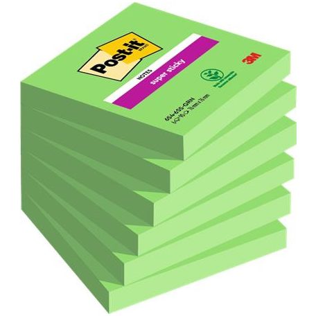 3M POSTIT Öntapadó jegyzettömb, 76x76 mm, 6x90 lap, 3M POSTIT "Super Sticky", zöld