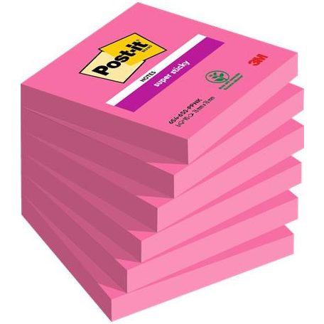 3M POSTIT Öntapadó jegyzettömb, 76x76 mm, 6x90 lap, 3M POSTIT "Super Sticky", pink