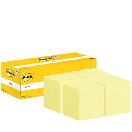 3M POSTIT Öntapadó jegyzettömb, 76x76 mm, 18+6x100 lap, 3M POSTIT, kanári sárga