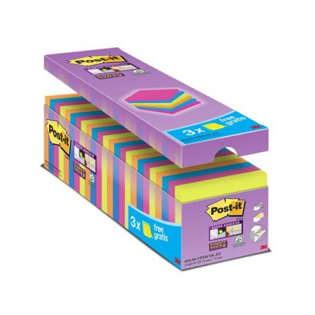 3M POSTIT Öntapadó jegyzettömb csomag, 76x76 mm, 24x90 lap, 3M POSTIT "Super Sticky", vegyes