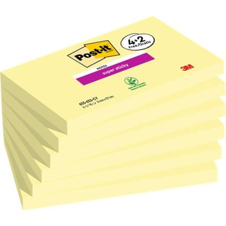 3M POSTIT Öntapadó jegyzettömb, 76x127 mm, 4+2x90 lap, 3M POSTIT "Super Sticky", kanári sárga