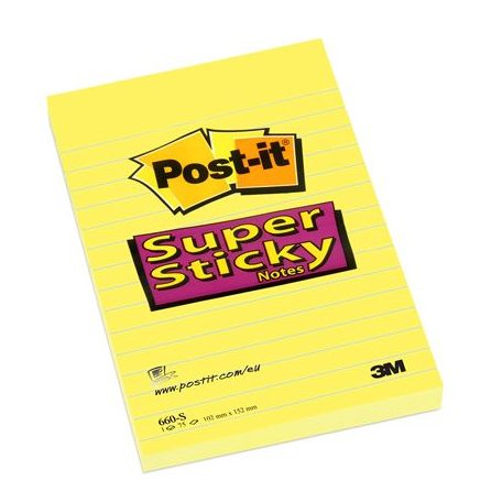 3M POSTIT Öntapadó jegyzettömb, 102x152 mm, 90 lap, vonalas, 3M POSTIT "Super Sticky", sárga