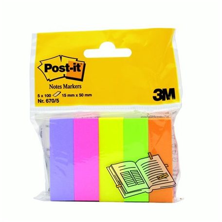3M POSTIT Jelölőcímke, papír, 5x100 lap, 15x50 mm, 3M POSTIT, vegyes