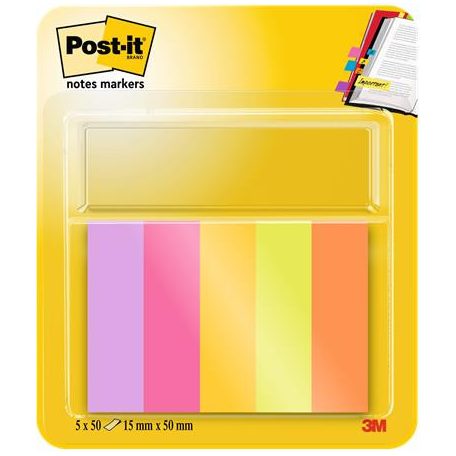 3M POSTIT Jelölőcímke, papír, 5x50 lap, 15x50 mm, 3M POSTIT, "Energetic", vegyes színek