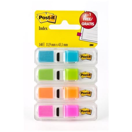 3M POSTIT Jelölőcímke adagolóban, műanyag, 4x35 lap, 12x43 mm, 3M POSTIT, élénk színek