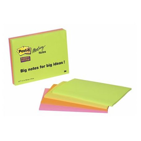 3M POSTIT Öntapadó jegyzettömb, 203x152 mm, 4x45 lap, 3M POSTIT "Super Sticky", vegyes színek