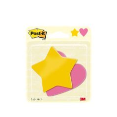   3M POSTIT Öntapadó jegyzettömb, szív és csillag forma, 70x72 mm, 2x30 lap, sárga és rózsaszín