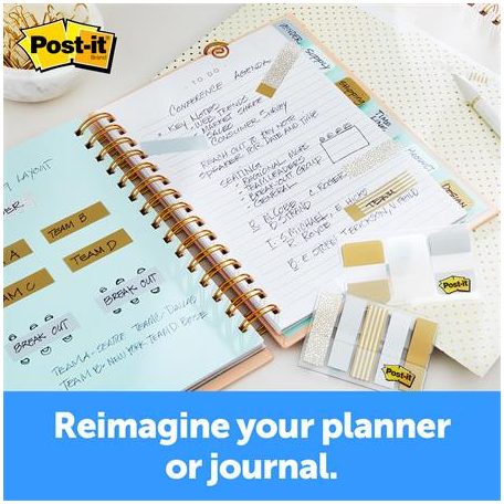 3M POSTIT Jelölőcímke, műanyag, 5x20 lap, 11,9x43,2 mm, 3M POSTIT, fémes nyomatok