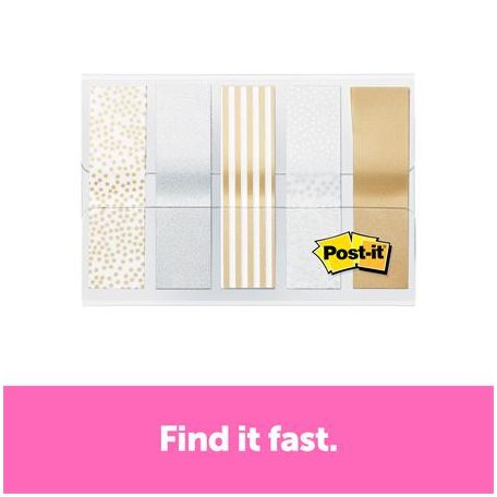 3M POSTIT Jelölőcímke, műanyag, 5x20 lap, 11,9x43,2 mm, 3M POSTIT, fémes nyomatok