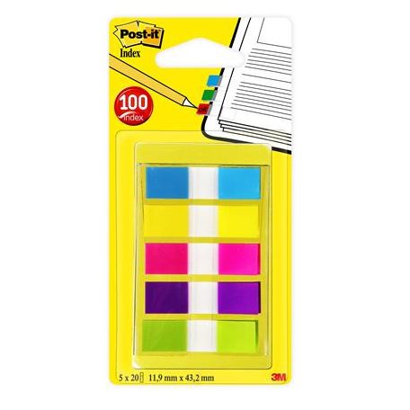 3M POSTIT Jelölőcímke, műanyag, 5x20 lap, 12x43 mm, 3M POSTIT, vegyes