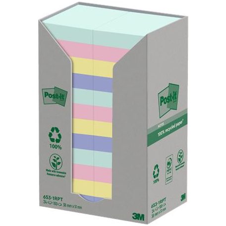 3M POSTIT Öntapadó jegyzettömb, 38x51 mm, 24x100 lap, környezetbarát, 3M POSTIT "Nature", vegyes pasztell színek