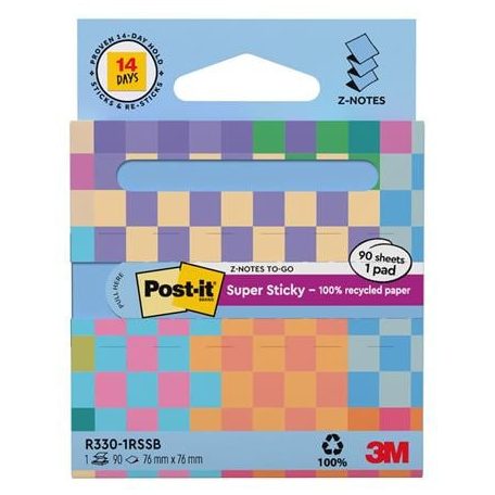 3M POSTIT Öntapadó jegyzettömb, "Z", adagolóval, 76x76 mm, 90 lap, 3M POSTIT "Super Sticky", pasztellkék