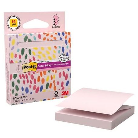3M POSTIT Öntapadó jegyzettömb, "Z", adagolóval, 76x76 mm, 90 lap, 3M POSTIT "Super Sticky", pasztell rózsaszín