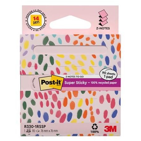 3M POSTIT Öntapadó jegyzettömb, "Z", adagolóval, 76x76 mm, 90 lap, 3M POSTIT "Super Sticky", pasztell rózsaszín