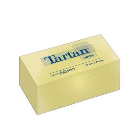 TARTAN Öntapadó jegyzettömb, 76x76 mm, 100 lap, 12 tömb/cs, TARTAN, sárga
