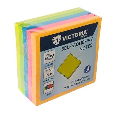 VICTORIA OFFICE Öntapadó jegyzettömb, 50x50 mm, 250 lap, VICTORIA OFFICE, neon