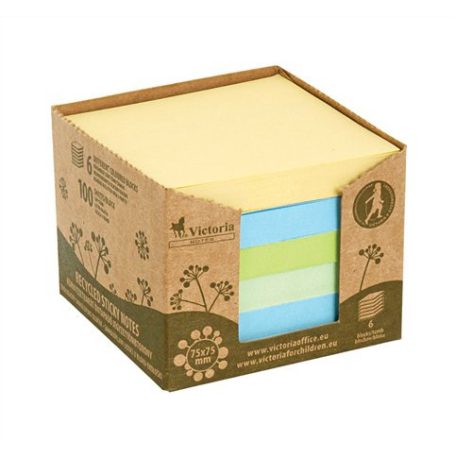 VICTORIA OFFICE Öntapadó jegyzettömbtorony, 75x75 mm, 6x100 lap, környezetbarát, VICTORIA OFFICE, "Green", vegyes