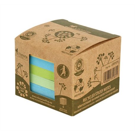 VICTORIA OFFICE Öntapadó jegyzettömbtorony, 75x75 mm, 6x100 lap, környezetbarát, VICTORIA OFFICE, "Green", vegyes