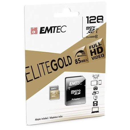 EMTEC Memóriakártya, microSDXC, 128GB, UHS-I/U1, 85/20 MB/s, adapter, EMTEC "Elite Gold"