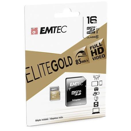 EMTEC Memóriakártya, microSDHC, 16GB, UHS-I/U1, 85/20 MB/s, adapter, EMTEC "Elite Gold"