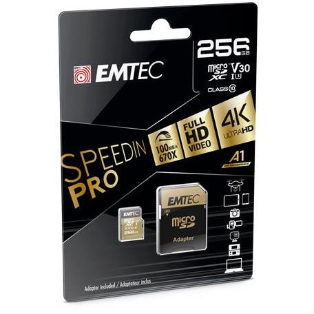 EMTEC Memóriakártya, microSDXC, 256GB, UHS-I/U3/V30/A2, 100/95 MB/s, adapter, EMTEC "SpeedIN"