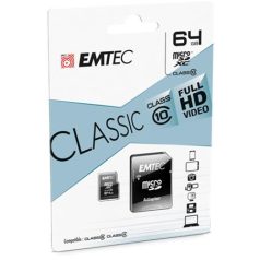   EMTEC Memóriakártya, microSDXC, 64GB, CL10, 20/12 MB/s, adapter, EMTEC "Classic"