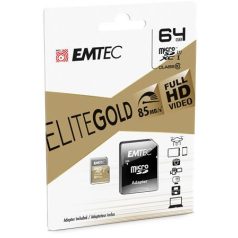   EMTEC Memóriakártya, microSDXC, 64GB, UHS-I/U1, 85/20 MB/s, adapter, EMTEC "Elite Gold"