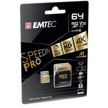 EMTEC Memóriakártya, microSDXC, 64GB, UHS-I/U3/V30/A2, 100/95 MB/s, adapter, EMTEC "SpeedIN"