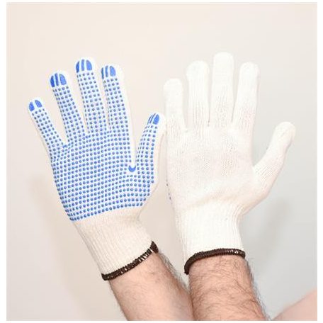 Védőkesztyű, kevertszálas, PVC pöttyözött, XL méret, natúrfehér