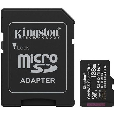 KINGSTON Memóriakártya, microSDXC, 128GB, C10/UHS-I/U1-U3/V10-V30/A1, Gen3, adapter, KINGSTON "Canvas Select Plus"