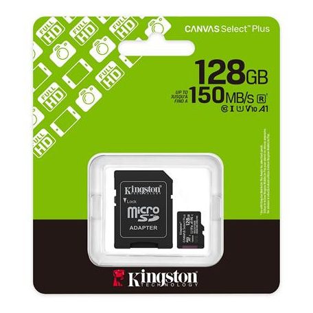 KINGSTON Memóriakártya, microSDXC, 128GB, C10/UHS-I/U1-U3/V10-V30/A1, Gen3, adapter, KINGSTON "Canvas Select Plus"