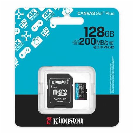 KINGSTON Memóriakártya, microSDXC, 128GB, C10/UHS-I/U3/V30/A2, Gen4, adapter, KINGSTON "Canvas Go! Plus"
