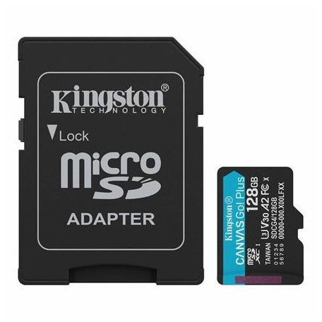 KINGSTON Memóriakártya, microSDXC, 128GB, C10/UHS-I/U3/V30/A2, Gen4, adapter, KINGSTON "Canvas Go! Plus"