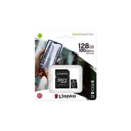 KINGSTON Memóriakártya, microSDXC, 128GB, CL10/UHS-I/U1/V10/A1, adapter, KINGSTON "Canvas Select Plus"