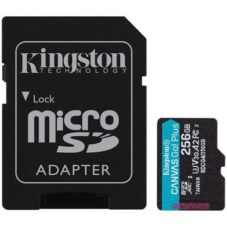 KINGSTON Memóriakártya, microSDXC, 256GB, C10/UHS-I/U3/V30/A2, Gen4, adapter, KINGSTON "Canvas Go! Plus"