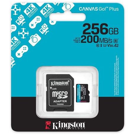 KINGSTON Memóriakártya, microSDXC, 256GB, C10/UHS-I/U3/V30/A2, Gen4, adapter, KINGSTON "Canvas Go! Plus"