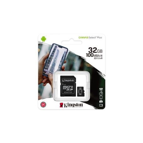 KINGSTON Memóriakártya, microSDHC, 32GB, CL10/UHS-I/U1/V10/A1, adapter, KINGSTON "Canvas Select Plus"