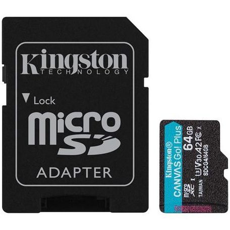 KINGSTON Memóriakártya, microSDXC, 64GB, C10/UHS-I/U3/V30/A2, Gen4, adapter, KINGSTON "Canvas Go! Plus"