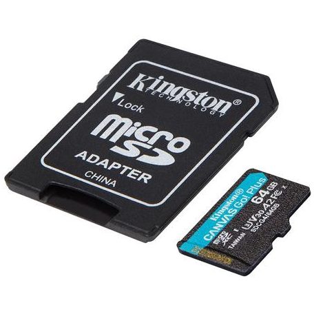 KINGSTON Memóriakártya, microSDXC, 64GB, C10/UHS-I/U3/V30/A2, Gen4, adapter, KINGSTON "Canvas Go! Plus"