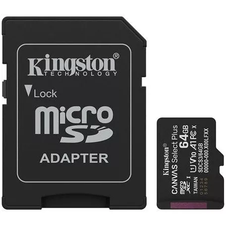 KINGSTON Memóriakártya, microSDXC, 64GB, C10/UHS-I/U1/V10/A1, Gen3, adapter, KINGSTON "Canvas Select Plus"