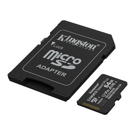 KINGSTON Memóriakártya, microSDXC, 64GB, C10/UHS-I/U1/V10/A1, Gen3, adapter, KINGSTON "Canvas Select Plus"