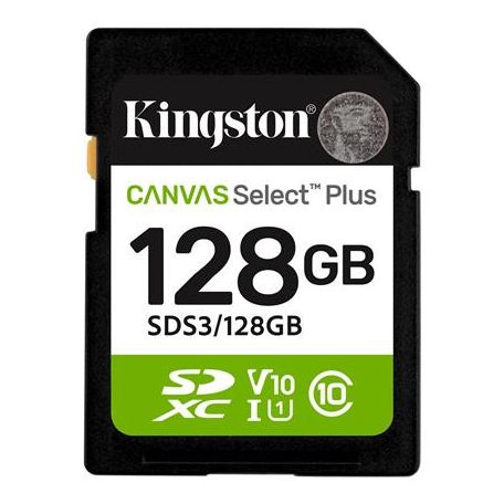 KINGSTON Memóriakártya, SDXC, 128GB, C10/UHS-I/U1/V10, Gen3, KINGSTON "Canvas Select Plus"