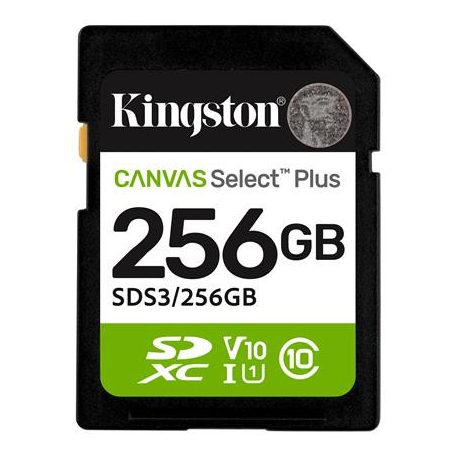 KINGSTON Memóriakártya, SDXC, 256GB, C10/UHS-I/U1/V10, Gen3, KINGSTON "Canvas Select Plus"