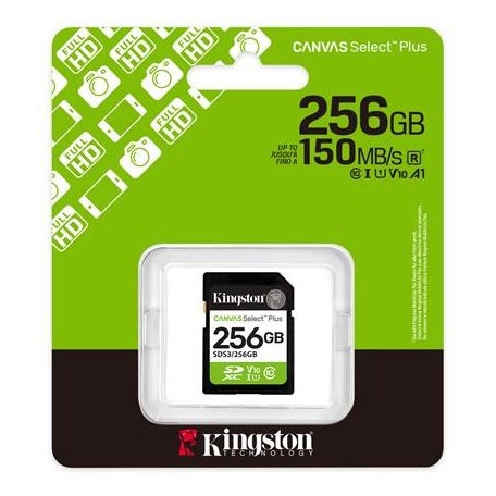 KINGSTON Memóriakártya, SDXC, 256GB, C10/UHS-I/U1/V10, Gen3, KINGSTON "Canvas Select Plus"