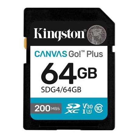 KINGSTON Memóriakártya, SDXC, 64GB, C10/UHS-I/U3/V30, Gen4,KINGSTON "Canvas Go! Plus"
