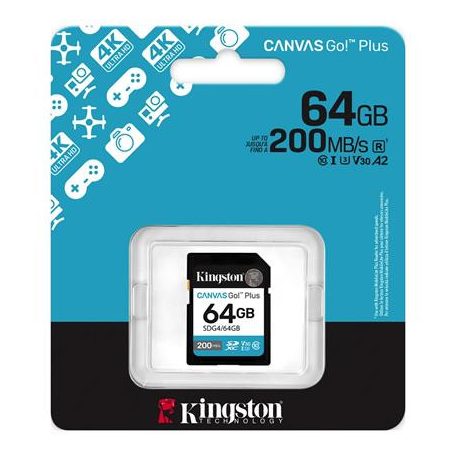 KINGSTON Memóriakártya, SDXC, 64GB, C10/UHS-I/U3/V30, Gen4,KINGSTON "Canvas Go! Plus"