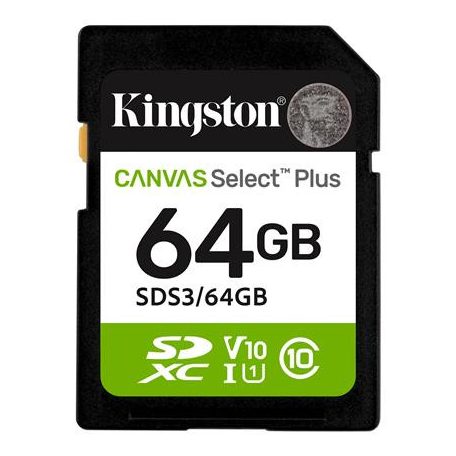 KINGSTON Memóriakártya, SDXC, 64GB, C10/UHS-I/U1/V10, Gen3, KINGSTON "Canvas Select Plus"